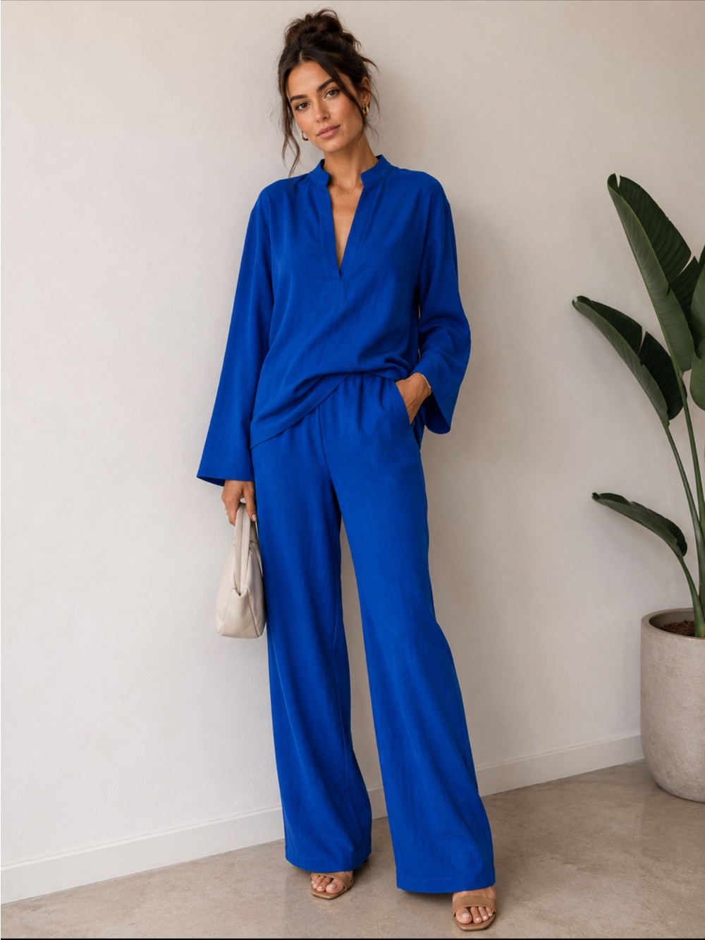Zara V-Neck Long Sleeve Top and Wide Leg Pants Set.